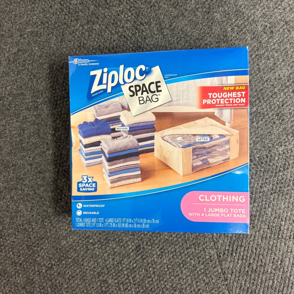 Ziploc Space Bag 5 Piece Set 1 Jumbo Tote 4 Large Flat Bags Vacuum Storage New